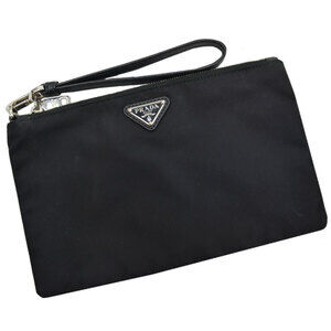 Prada bag triangle logo black silver leather metal clutch pouch